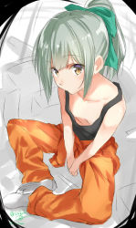 Rule 34 | 10s, 1girl, bare shoulders, bow, breasts, brown eyes, collarbone, downblouse, from above, grey hair, hair bow, isshiki (ffmania7), kantai collection, looking at viewer, looking up, pants, ponytail, signature, sitting, small breasts, solo, tank top, twitter username, v arms, yuubari (kancolle)
