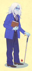 Rule 34 | 1boy, adventure time, beard, blue eyes, blue skin, book, cane, colored skin, contemporary, facial hair, flat color, full body, hiyori chisha, ice king, jacket, looking at viewer, male focus, mustache, necktie, old, old man, open clothes, open jacket, solo, sunglasses, vest, white hair, wrinkled skin