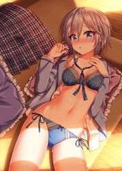 Rule 34 | 10s, 1girl, anastasia (idolmaster), blue bra, blue eyes, blue panties, blush, bow, bow panties, bra, breasts, breasts apart, frilled pillow, frills, highres, idolmaster, idolmaster cinderella girls, looking at viewer, lying, navel, nazu-na, on back, open clothes, open mouth, open shirt, panties, pillow, revision, shirt, short hair, side-tie panties, silver hair, skirt, unworn skirt, solo, underwear