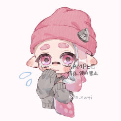 Rule 34 | 1girl, beanie, closed mouth, commentary request, eyelashes, grey sweater, hat, hat ornament, highres, inkling, inkling girl, inkling player character, long hair, myon rio, nintendo, pink eyes, pink hat, pointy ears, sad, simple background, solo, splatoon (series), sweater, tears, tentacle hair, thick eyebrows, upper body, watermark, white background