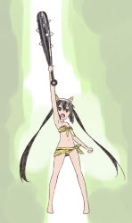 Rule 34 | 1girl, animal print, black hair, brown eyes, club (weapon), errant, horns, k-on!, kanabou, long hair, nakano azusa, oni, solo, spiked club, tiger print, twintails, weapon