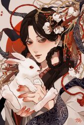 Rule 34 | 1girl, absurdres, animal, berry, black ribbon, braid, brown eyes, brown hair, chinese zodiac, closed mouth, cotton boll, fingernails, hair rings, highres, holding, holding animal, japanese clothes, kagoya1219, kimono, long hair, long sleeves, looking at viewer, new year, original, parted hair, print ribbon, rabbit, red circle, ribbon, signature, solo, twin braids, upper body, white kimono, year of the rabbit