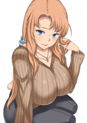 Rule 34 | 1girl, aged up, blue eyes, breasts, brown hair, highres, huge breasts, jewelry, komusou (jinrikisha), long hair, mature female, mole, necklace, ooba minori&#039;s mother, original, ribbed sweater, ring, simple background, sitting, smile, solo, sweater, white background