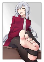 Rule 34 | 1girl, ak-12 (girls&#039; frontline), ak-12 (lucia) (girls&#039; frontline), alternate costume, closed eyes, collared shirt, feet, foot focus, foot out of frame, from below, girls&#039; frontline, grey hair, highres, long hair, long sleeves, nakiusagi, necktie, no shoes, open mouth, pantyhose, red shirt, shirt, sitting, smile, soles, solo, stirrup legwear, toeless legwear, toes, white necktie