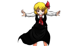 Rule 34 | 1girl, ascot, blonde hair, blouse, grin, hair ribbon, outstretched arms, red eyes, ribbon, rumia, shirt, short hair, skirt, smile, spread arms, suikyou (aqua cities), touhou, vest