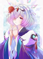 Rule 34 | 1girl, breath, commentary request, fingernails, fire emblem, fire emblem heroes, flower, hair flower, hair ornament, hair over one eye, highres, japanese clothes, kimono, kvasir (fire emblem), kvasir (unknown future) (fire emblem), looking at viewer, multicolored hair, nintendo, official alternate costume, one eye covered, purple hair, purple kimono, red eyes, red flower, short hair, solo, twitter username, two-tone hair, white hair, wide sleeves, yukata, yutohiroya