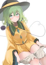 Rule 34 | 1girl, 258n, absurdres, black hat, bloomers, blush, closed mouth, collared shirt, eyeball, feet out of frame, frilled shirt collar, frills, green eyes, green hair, hair between eyes, hat, heart, heart of string, highres, komeiji koishi, long sleeves, medium hair, shirt, simple background, smile, solo, third eye, touhou, underwear, white background, white bloomers, wide sleeves, yellow shirt