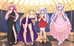 Rule 34 | 4girls, :q, :t, ;), bare shoulders, black dress, black footwear, blonde hair, blue eyes, blush, breasts, character request, checkered floor, claudia enfield, cleavage, collarbone, commentary, commission, dress, full body, gakusen toshi asterisk, hair ornament, hair scrunchie, hand on own hip, hand on own knee, hands on own chest, high heels, highres, julis-alexia von riessfeld, kazenokaze, large breasts, leaning forward, light purple hair, long dress, long hair, looking at viewer, medium breasts, multiple girls, one eye closed, outstretched arm, pigeon-toed, pink dress, pink hair, pointing, pointing at self, ponytail, pout, purple dress, purple eyes, red dress, red footwear, scrunchie, side slit, skirt hold, smile, sylvia lyyneheym, tongue, tongue out, toudou kirin, two side up, white footwear, window