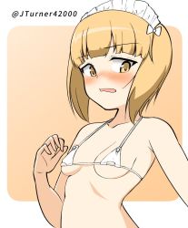 Rule 34 | 1girl, bikini, blonde hair, blunt bangs, blush, breasts, child, commentary, cutlass (girls und panzer), embarrassed, frown, girls und panzer, looking at viewer, maid headdress, micro bikini, one-hour drawing challenge, open mouth, orange background, outside border, rebirth42000, rounded corners, short hair, small breasts, solo, swimsuit, twitter username, upper body, white bikini, yellow eyes