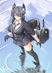 Rule 34 | 1girl, black footwear, black gloves, black sweater, boots, breasts, cannon, checkered clothes, checkered necktie, checkered neckwear, cloud, commentary request, eyepatch, full body, gloves, grey skirt, headgear, highres, kantai collection, large breasts, machinery, necktie, partially fingerless gloves, pleated skirt, purple hair, reflection, rudder footwear, school uniform, short hair, skirt, solo, standing, standing on liquid, sweater, taira yuuki, tenryuu (kancolle), thighhighs, turret, yellow eyes