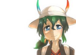 Rule 34 | 1girl, black hair, black jacket, blouse, blue eyes, collarbone, commentary, green hair, hair between eyes, hat, hat feather, highres, jacket, kaban (kemono friends), kemono friends, kemono friends 2, long hair, looking at viewer, low ponytail, multicolored hair, portrait, red shirt, sad smile, shirt, simple background, smile, solo, tears, thin (suzuneya), two-tone hair, white background, white hat