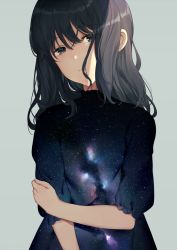 Rule 34 | 1girl, achiki, brown eyes, brown hair, commentary request, dress, grey background, hand on own arm, looking at viewer, medium hair, original, simple background, sky, solo, space print, star (sky), starry sky, starry sky print