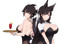 Rule 34 | 2girls, absurdres, animal ears, atago (azur lane), azur lane, black hair, black legwear, bow, breasts, brown eyes, cleavage, closed mouth, cocktail, cocktail glass, commentary, cowboy shot, cup, dog ears, drinking glass, english commentary, from behind, hair ears, hair flaps, highres, large breasts, leotard, lizta, long hair, mole, multiple girls, pantyhose, playboy bunny, rabbit tail, ribbon, shrug (clothing), smile, swept bangs, tail, takao (azur lane), tray, white background, white bow, white ribbon
