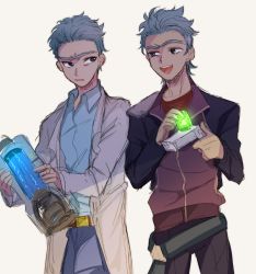 Rule 34 | 2boys, aged down, black jacket, coat, dual persona, highres, jacket, lab coat, messy hair, multiple boys, noko6, rick and morty, rick prime, rick sanchez, short hair, shoulder pads, spiked hair, time paradox, white coat, white hair