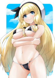 Rule 34 | &gt;:), 1girl, amai nekuta, areola slip, assault lily, bare arms, bare shoulders, beret, bikini, black bikini, black bow, blonde hair, blue eyes, blue sky, blunt ends, blurry, blush, border, bow, breasts, cameltoe, closed mouth, cloud, covered erect nipples, cowboy shot, crossed arms, day, depth of field, gluteal fold, groin, hair between breasts, hair tie, hat, hat bow, highres, light blush, long hair, looking at viewer, medium breasts, micro bikini, navel, o-ring, o-ring bikini, outdoors, outside border, sidelocks, sky, smile, solo, standing, stomach, string bikini, swimsuit, tachihara sayu, underboob, v-shaped eyebrows, very long hair, white border, white hat
