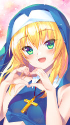 Rule 34 | 1girl, :d, bare arms, blonde hair, blue headwear, blush, breasts, bucchake (asami), cross, cross necklace, green eyes, hair between eyes, heart, heart hands, jewelry, long hair, looking at viewer, necklace, nun, ootomo sourin (sengoku otome), open mouth, pink background, sengoku otome, small breasts, smile, solo, wing collar