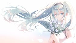 Rule 34 | 1girl, aqua eyes, aqua hair, aqua nails, bare shoulders, bouquet, breasts, detached sleeves, eyelashes, flower, hair between eyes, hairband, hatsune miku, highres, holding, holding flower, long hair, looking at viewer, motion blur, nail polish, petals, rose, soli (pouiliuoq soli), solo, twintails, upper body, very long hair, vocaloid, white background, white flower, white rose