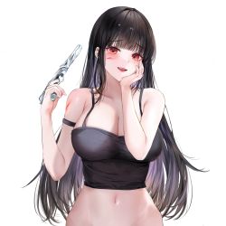 Rule 34 | 1girl, arm strap, black hair, blood, blood on arm, blunt bangs, breasts, cleavage, gun, hand on own face, highres, holding, holding gun, holding weapon, large breasts, lillly, long hair, looking at viewer, mole, mole under eye, navel, open mouth, original, red eyes, sidelocks, simple background, smile, solo, tank top, weapon, white background
