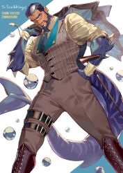 Rule 34 | 1boy, absurdres, ankle strap, bara, beard, blue hair, blue necktie, boots, brown pants, cetacean tail, collared shirt, copyright request, facial hair, feet out of frame, fins, fish tail, highres, male focus, mustache, necktie, pants, second-party source, shirt, solo, sweater vest, tail, ueno kishi, virtual youtuber, water drop, white background