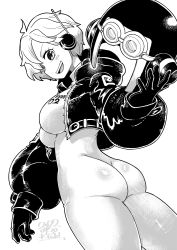 Rule 34 | 1girl, 2022, absurdres, adjusting clothes, artist request, ass, bodysuit, breasts, cameltoe, covered navel, dated, eyelashes, gloves, hair over one eye, helmet, highres, holding, holding helmet, jacket, large breasts, legs, looking at viewer, looking to the side, one piece, open mouth, shiny clothes, short hair, simple background, smile, solo, thick thighs, thighs, vegapunk lilith, wide hips
