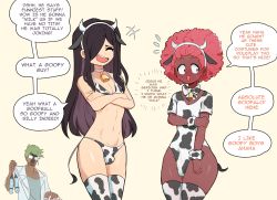 Rule 34 | 3boys, absurdres, animal ears, animal print, bikini, black hair, blush, bulge, charley (ms pigtails), closed eyes, cow ears, cow horns, cow print, cow tail, crossdressing, crossed arms, dark-skinned male, dark skin, english text, green hair, highres, horns, long hair, male focus, multiple boys, neck bell, original, print bikini, red hair, roland (ms pigtails), short hair, simple background, sky guy art, sweat, swimsuit, tail, thighhighs, trap, yellow background