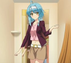 Rule 34 | 10s, 1girl, blue hair, highres, nonaka yuki, screencap, shinmai maou no testament, solo, standing, stitched, third-party edit, yellow eyes