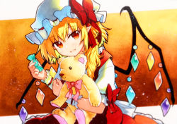 Rule 34 | 1girl, :d, blonde hair, blurry, blush, bow, candy, crystal, depth of field, fang, flandre scarlet, food, hat, hat bow, hat ribbon, highres, holding, holding stuffed toy, looking at viewer, mob cap, one side up, open mouth, pointy ears, puffy short sleeves, puffy sleeves, qqqrinkappp, red bow, red eyes, red ribbon, red skirt, red vest, ribbon, shirt, short sleeves, skin fang, skirt, skirt set, smile, solo, stuffed animal, stuffed toy, teddy bear, touhou, upper body, vest, wings, wrist cuffs