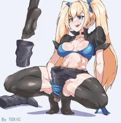 Rule 34 | 1girl, black legwear, blonde hair, blue eyes, blush, boots, feet, highres, long hair, open mouth, shoejob, shoes, unworn shoes, soles, toes, tower of trample, twintails