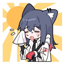 Rule 34 | 1girl, animal ears, arknights, black hair, black shirt, blush stickers, chibi, closed eyes, coat, drying, ear piercing, flying sweatdrops, gloves, holding, holding towel, huang qing ye, long hair, lowres, piercing, red gloves, red hair, shirt, sidelocks, solo, sun, sweat, nervous sweating, texas (arknights), texas (winter messenger) (arknights), tongue, tongue out, towel, upper body, white coat, winter clothes, winter coat, wolf ears