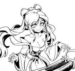 Rule 34 | 1girl, bare shoulders, blush, breasts, cleavage, collarbone, commentary, cowboy shot, detached sleeves, double bun, dress, greyscale, hair bun, instrument, league of legends, long hair, long sleeves, medium breasts, monochrome, phantom ix row, piano, simple background, smile, solo, sona (league of legends), symbol-only commentary, white background