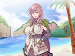 Rule 34 | 1girl, black gloves, blue eyes, breasts, cape, closed mouth, cloud, final fantasy, final fantasy xiii, fingerless gloves, gloves, holding, large breasts, lightning farron, lips, lipstick, long hair, looking at viewer, makeup, mountain, outdoors, palm tree, pink hair, pink lips, raburebo, serious, shoulder pads, skirt, sky, solo, standing, tree, turtleneck, water, zipper