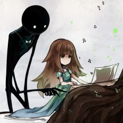 Rule 34 | 1girl, alternate costume, deemo, deemo (character), dress, girl (deemo), height difference, instrument, lestored cro, piano, sitting, smile, teaching, tree