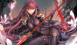 Rule 34 | 1girl, armor, between breasts, bodysuit, breasts, cave, circlet, covered navel, crystal, fate/grand order, fate (series), gae bolg (fate), gem, glint, hair between eyes, highres, holding, holding weapon, ice (ice aptx), light particles, long hair, looking at viewer, lying, on ground, on side, parted lips, pauldrons, polearm, purple bodysuit, purple hair, red eyes, rock, scathach (fate), shoulder armor, smile, solo, spear, thighhighs, transparent, veil, very long hair, weapon