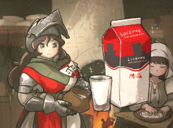 Rule 34 | armor, balance scale print, bassinet, belt, brown hair, cauldron, cup, drinking glass, fireplace, gambeson, gauntlets, gloves, habit, helmet, highres, ironlily, jug (bottle), lady lucerne (ironlily), long hair, medieval, milk, milk carton, multiple girls, ordo mediare sisters (ironlily), sparkle, standing, surcoat, table, twin braids sister (ironlily)