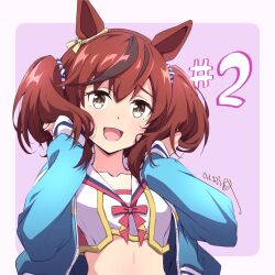 Rule 34 | 1girl, :d, animal ears, blue jacket, bow, brown eyes, commentary request, ear ribbon, highres, horse ears, horse girl, jacket, long sleeves, looking at viewer, multicolored hair, nice nature (run&amp;win) (umamusume), nice nature (umamusume), nii manabu, official alternate costume, open clothes, open jacket, open mouth, pink background, ribbon, short hair, smile, solo, streaked hair, twintails, two-tone background, umamusume, upper body, white background, white ribbon