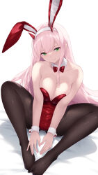 Rule 34 | 1girl, alternate costume, animal ears, bare shoulders, black pantyhose, bow, bowtie, breasts, cait aron, cleavage, closed mouth, collarbone, commentary, darling in the franxx, detached collar, green eyes, hairband, highres, horns, leotard, long hair, looking at viewer, medium breasts, no shoes, oni horns, pantyhose, pink hair, playboy bunny, rabbit ears, red bow, red bowtie, red leotard, sitting, smile, solo, spread legs, swept bangs, thighs, white hairband, wing collar, wrist cuffs, zero two (darling in the franxx)
