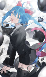 Rule 34 | 1girl, ahoge, animal ears, bag, black necktie, black suit, blue eyes, blue hair, blurry, blurry background, bow legwear, cat ears, cat tail, collared shirt, fangs, formal, from side, hair between eyes, handbag, hatsune miku, heart, heiwa (murasiho), highres, jumping, legs up, long hair, long sleeves, looking at viewer, looking to the side, necktie, open mouth, shirt, shoes, sidelocks, skindentation, smile, solo, sparkling eyes, star (symbol), suit, tail, thighhighs, thighs, twintails, two side up, wonderlands x showtime miku, zettai ryouiki