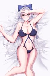 Rule 34 | 1girl, absurdres, armpits, azur lane, blush, bow, breasts, cleavage, clothing cutout, feet out of frame, from above, grey eyes, hair bow, highres, kuromame teruru, large breasts, long hair, looking at viewer, lying, navel, o-ring, o-ring swimsuit, official alternate costume, on back, one-piece swimsuit, purple bow, purple one-piece swimsuit, shadow, silver hair, smile, solo, stomach cutout, swimsuit, very long hair, vittorio veneto (azur lane), vittorio veneto (the flower of la spezia) (azur lane)