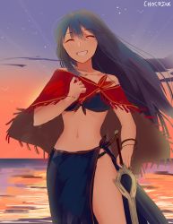 Rule 34 | 1girl, :d, ^ ^, artist name, backlighting, bangle, bare arms, bare shoulders, beach, bead bracelet, beads, bikini, bird, blush, bracelet, chocojax, closed eyes, cloud, cloudy sky, collarbone, commentary, english commentary, facing viewer, fire emblem, fire emblem heroes, fringe trim, front-tie bikini top, front-tie top, gradient sky, grin, highres, holding, holding sword, holding weapon, horizon, jewelry, long hair, lucina (fire emblem), navel, nintendo, ocean, open mouth, outdoors, red shawl, sarong, seagull, shawl, sky, smile, solo, standing, star (sky), starry sky, stomach, strapless, strapless bikini, summer, sunset, swimsuit, sword, very long hair, weapon