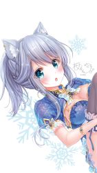 Rule 34 | 1girl, :o, animal ears, black thighhighs, blue dress, blue eyes, blue ribbon, blush, bow, bowtie, breasts, cat ears, china dress, chinese clothes, cleavage, dress, fang, frilled thighhighs, frills, hair between eyes, heart, highres, long hair, looking at viewer, lying, medium breasts, on back, open mouth, original, phone wallpaper, pink lips, ponytail, puffy short sleeves, puffy sleeves, ribbon, sakura moyon, short sleeves, sidelocks, signature, silver hair, snowflake background, solo, thighhighs, wallpaper, white background