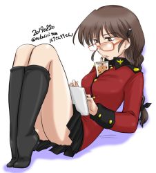Rule 34 | 1girl, artist name, bespectacled, black footwear, black ribbon, black skirt, boots, braid, brown-framed eyewear, brown eyes, brown hair, bubble tea, closed mouth, commentary, cup, dated, disposable cup, drinking, drinking straw, epaulettes, frown, full body, girls und panzer, glasses, hair ribbon, half-closed eyes, holding, holding tablet pc, insignia, invisible wall, jacket, knee boots, leaning back, legs, long hair, long sleeves, military, military uniform, miniskirt, object on breast, one-hour drawing challenge, pleated skirt, red jacket, ribbon, rukuriri (girls und panzer), rukuriritea, shadow, signature, simple background, single braid, sitting, skirt, solo, st. gloriana&#039;s military uniform, tablet pc, tiptoes, twitter username, uniform, white background