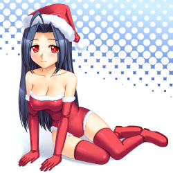 Rule 34 | 00s, 1girl, bad id, bad pixiv id, blue hair, breasts, christmas, cleavage, elbow gloves, gloves, hat, idolmaster, idolmaster (classic), idolmaster 1, long hair, medium breasts, miura azusa, red eyes, red gloves, santa costume, santa hat, solo, thighhighs, totokichi