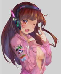 Rule 34 | 1girl, animal print, blizzard (company), breasts, brown eyes, brown hair, casual, clenched hand, clothes writing, commentary, d.va (overwatch), emblem, facepaint, facial mark, grey background, headphones, hood, hoodie, index finger raised, korean text, logo, long hair, long sleeves, looking at viewer, medium breasts, naked hoodie, no bra, no shirt, one eye closed, open mouth, overwatch, overwatch 1, patch, pink hoodie, pointing, pointing at viewer, rabbit print, simple background, smile, solo, takuyarawr, unzipped, upper body, whisker markings