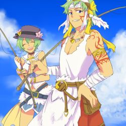 Rule 34 | 1boy, 1girl, :d, ^ ^, armlet, ascot, bad id, bad pixiv id, bandages, belt, blue eyes, brother and sister, carlos (rune factory), choker, closed eyes, cloud, day, dot nose, closed eyes, feathers, fingerless gloves, fingernails, fishing rod, flower, fur trim, gloves, green hair, grin, hair between eyes, hairband, hand on own hip, happy, harvest moon, hat, hat flower, headband, ion (rune factory), jewelry, looking at viewer, miniskirt, navel, necklace, omukb, open mouth, rune factory, rune factory 3, sailor collar, short hair, siblings, skirt, sky, smile, tan, tank top, tattoo, teeth, very short hair