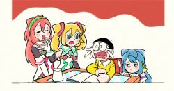 Rule 34 | 10s, 1koma, 2boys, 2girls, bad id, bad twitter id, black border, blonde hair, blue hair, border, comic, crossover, crying, desk, doraemon, fujiko f fujio (style), gloves, green eyes, hacka doll, hacka doll 1, hacka doll 2, hacka doll 3, height difference, kagino maki, long hair, multiple boys, multiple girls, nobi nobita, notebook, open mouth, red hair, table, twintails, white gloves
