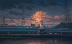Rule 34 | 1girl, black eyes, black footwear, black ribbon, blue legwear, blue sailor collar, blue skirt, blue sky, blunt bangs, brown hair, cat, city, city lights, cloud, commentary request, evening, feel (nasitaki), guard rail, highres, holding, holding umbrella, loafers, long sleeves, looking at animal, neck ribbon, original, outdoors, parted lips, pleated skirt, power lines, ribbon, road, sailor collar, scenery, school uniform, shoes, short hair, skirt, sky, solo, street, transmission tower, transparent, transparent umbrella, umbrella, wide shot, wind
