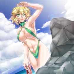 Rule 34 | 2girls, arm up, armpits, bad id, bad pixiv id, blonde hair, breasts, can, cleavage, cloud, coca-cola, day, drink can, female focus, fingernails, green eyes, kirisame marisa, large breasts, long fingernails, mizuhashi parsee, multiple girls, ocean, ootsuki wataru, pointy ears, product placement, rock, sharp fingernails, short hair, slingshot swimsuit, soda can, sweat, swimsuit, touhou, water, wet