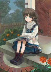 Rule 34 | 1girl, absurdres, blue eyes, boots, braid, brown hair, dress, fence, flower, highres, lace, long hair, metalinu, original, porch, sitting, solo, twin braids, wooden fence