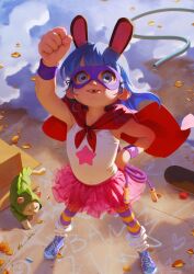 Rule 34 | 1girl, alkemanubis, autumn, autumn leaves, backlighting, bandaid, bandaid on arm, blue eyes, blue hair, cat, chalk, child, clenched hand, flat chest, from above, highres, looking up, mask, nose, original, outdoors, pantyhose, puddle, raised fist, see-through, see-through skirt, shoes, skateboard, skirt, smile, sneakers, solo, star (symbol), striped clothes, striped pantyhose, tank top, tooth gap, tutu