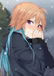 Rule 34 | 1girl, black sweater, blue coat, blue hair, blush, buttons, coat, cold, covering own mouth, eyelashes, from side, hair between eyes, hood, hood down, hooded coat, idolmaster, idolmaster cinderella girls, long hair, looking at viewer, multicolored hair, night, night sky, ninomiya asuka, open mouth, orange hair, outdoors, pine tree, purple eyes, signature, sky, snowing, solo, sweater, tarachine, tree, tsurime, two-tone hair, upper body, winter clothes